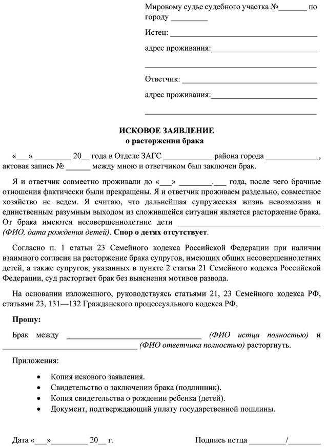 Образец заявления на развод в мировой суд с детьми и на алименты и разделом имущества